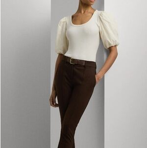 Lauren Ralph Lauren Mixed Media Puff Sleeve Cotton Top Size XXL New Cream